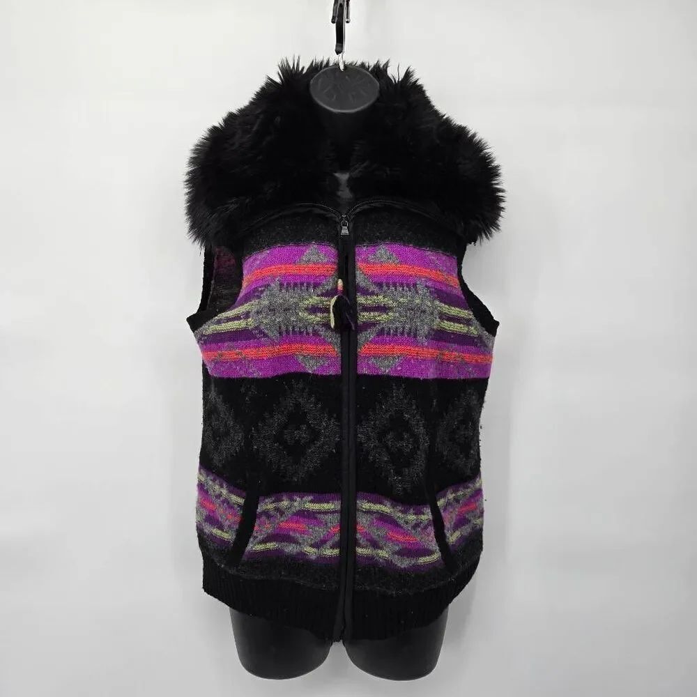 Lauren Ralph Lauren Southwestern Sweater Vest Fur Collar Wool Zip Up Size Petite